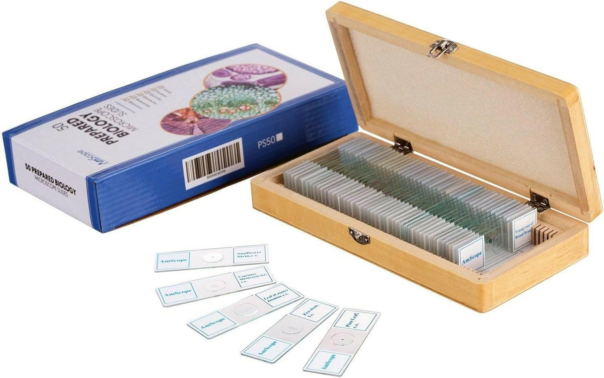 AmScope Prepared Microscope Slides, 50-Slide Set