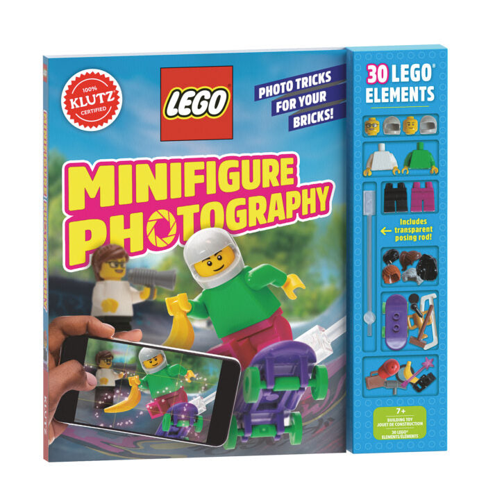 LEGO Minifigure Photography book with colorful cover and LEGO elements on a white background