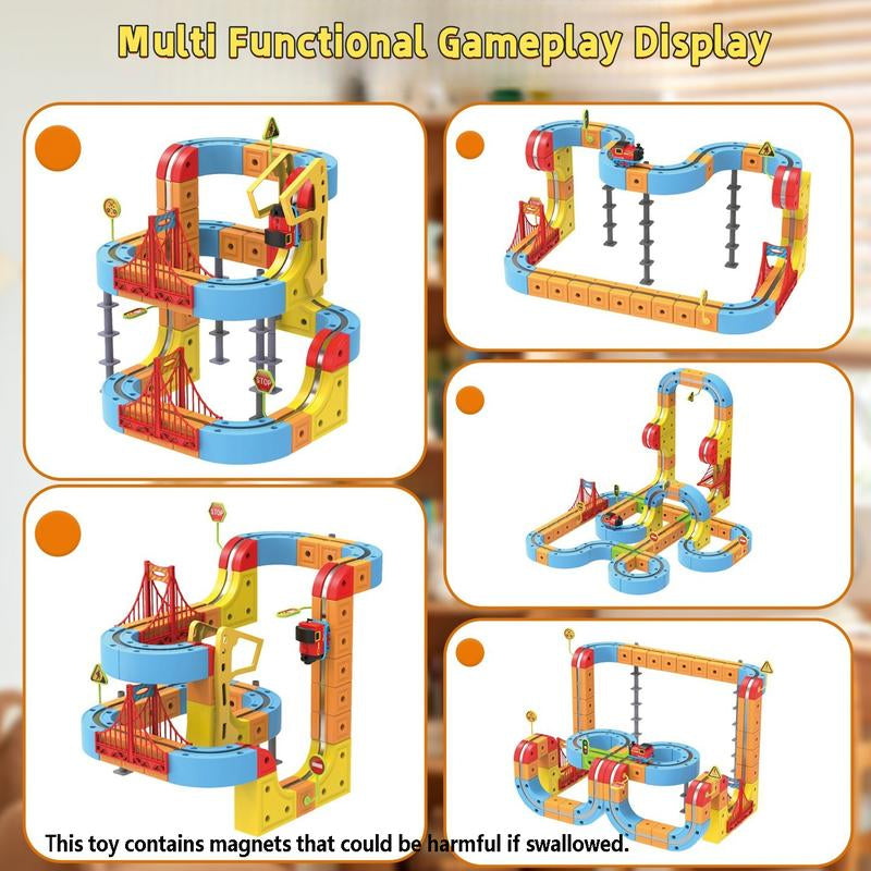66PCS Magnetic Train Set Electric Train Track for Kids DIY Race Car Track with Train and Traffic Signs USB Rechargeable Gravity Defying Car Toy STEM Building Toys New Year Gift