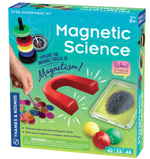 Magnetic Science STEM experiment kit packaging with a red magnet and colorful balls on a green background.