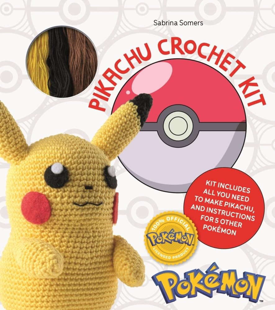 Pokémon Pikachu crochet kit with packaging featuring a Poké Ball design.