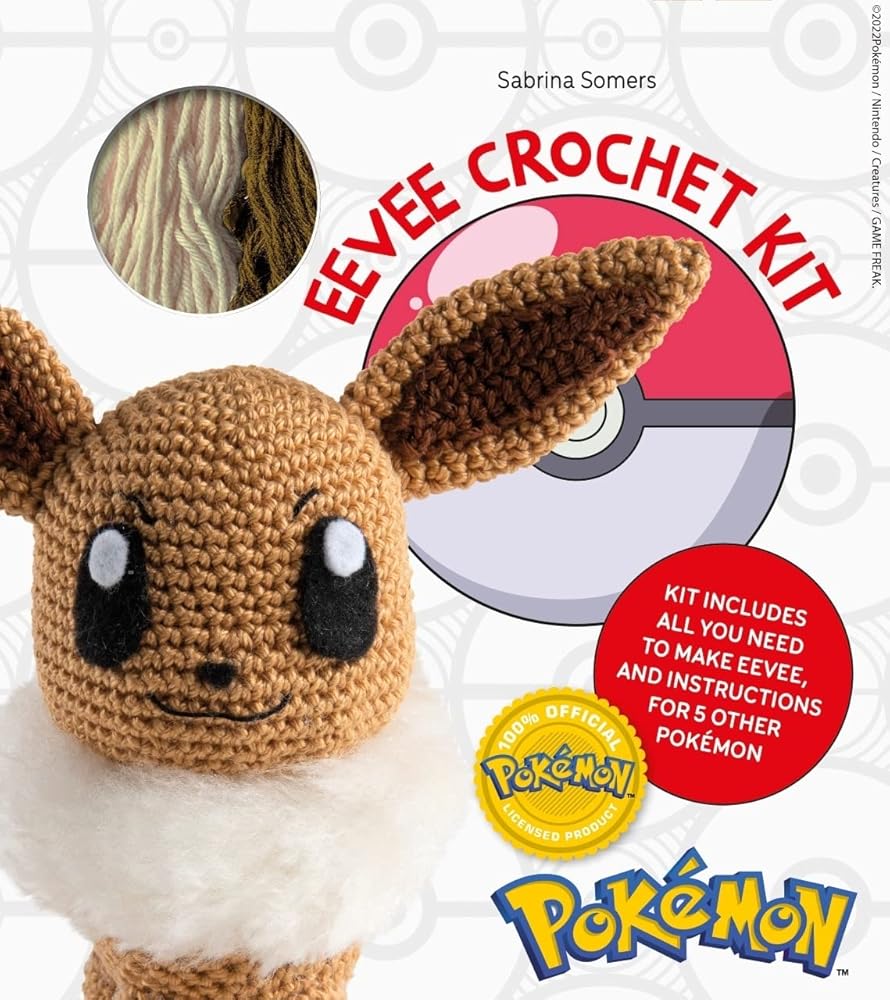 Eevee crochet kit with packaging featuring a Pokémon logo.