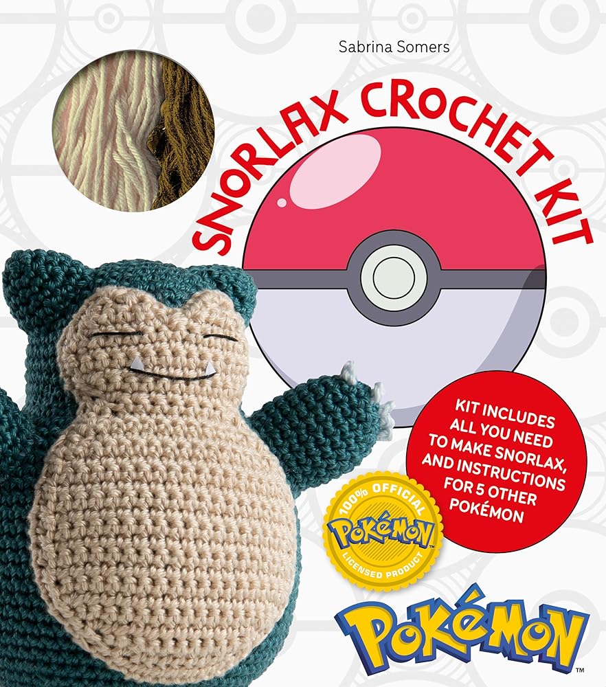 Snorlax crochet kit with yarn, packaging, and Pokémon branding.
