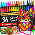 Set of 36 vibrant markers with a colorful fox illustration and sample artworks.