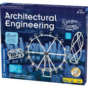 Educational toy set packaging for 'Architectural Engineering' with a Ferris wheel model on a blue background.