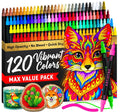 A 120-color vibrant pen set shown with a large colorful fox illustration, three painted sample stones, and two markers on a clean white background.