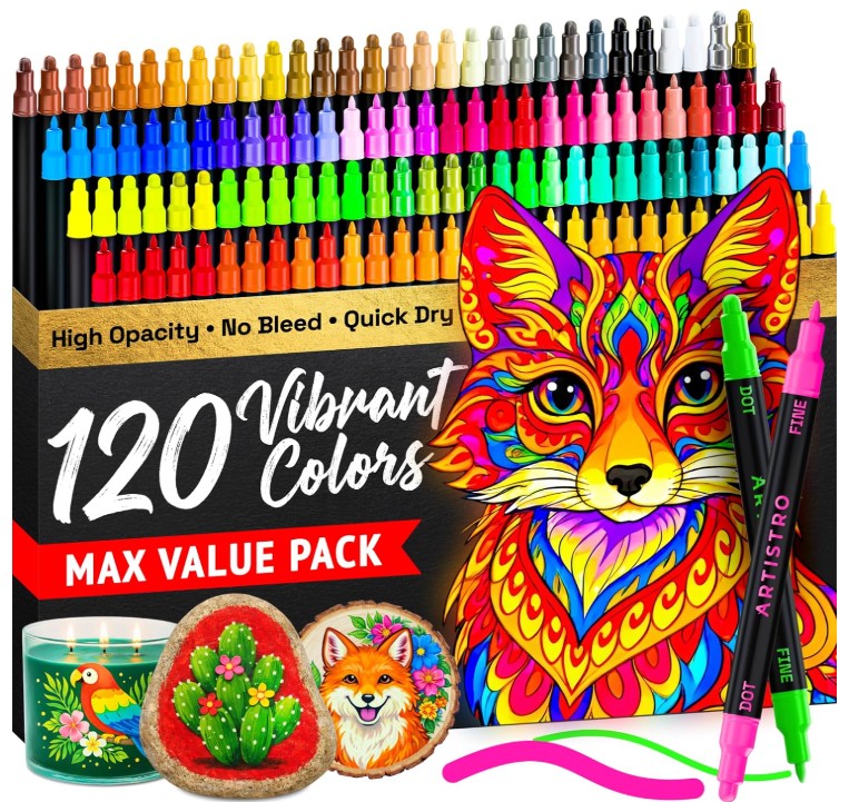 A 120-color vibrant pen set shown with a large colorful fox illustration, three painted sample stones, and two markers on a clean white background.