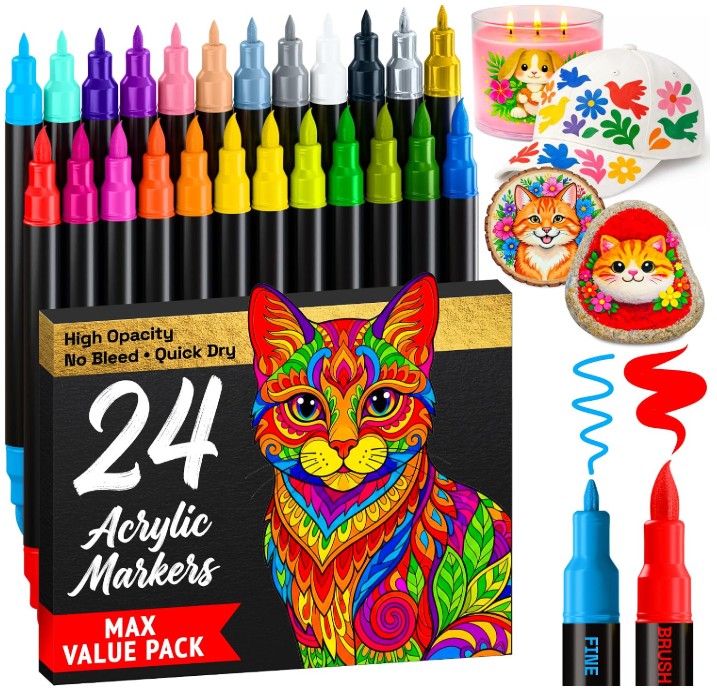 A 24-pack of acrylic markers shown with their black-and-gold retail box, plus sample painted illustrations including a colorful cat, flowers, and swatches of marker ink. The markers are arranged in rows above the box on a plain white background.