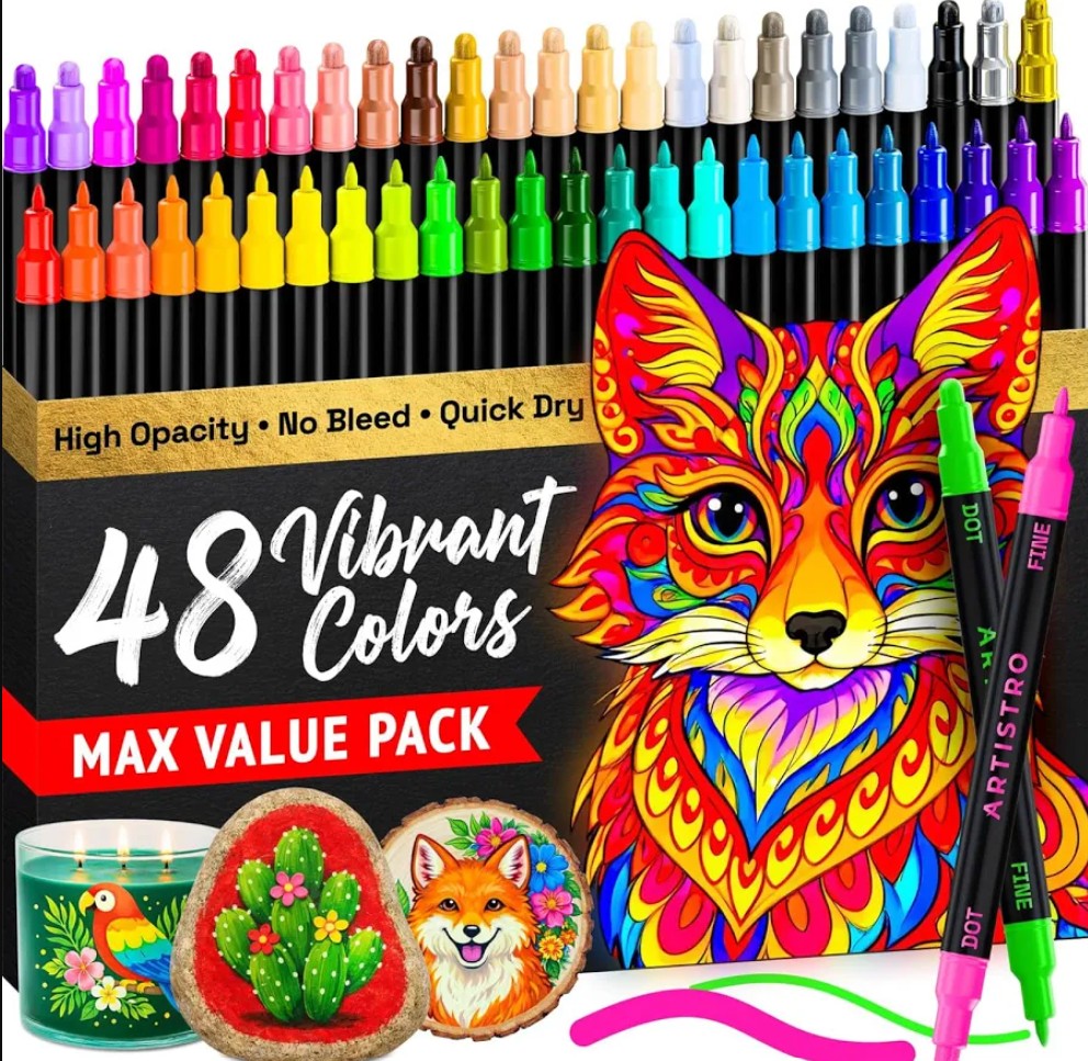 A 48-color vibrant paint marker set with a colorful fox illustration, a jar candle, and two painted coasters shown in front of a bulk row of markers. The packaging highlights '48 Vibrant Colors' and 'Max Value Pack'.
