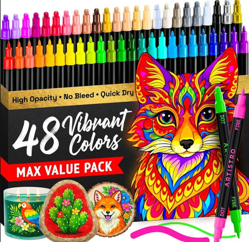 A 48-color vibrant paint marker set with a colorful fox illustration, a jar candle, and two painted coasters shown in front of a bulk row of markers. The packaging highlights '48 Vibrant Colors' and 'Max Value Pack'.