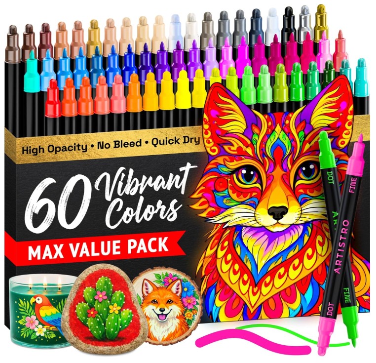 A 60-color marker set in a black box with a colorful fox illustration, shown with several markers and small painted sample pieces on a white background.