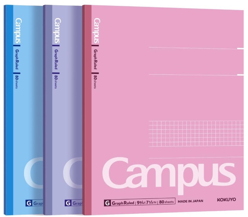 Three Campus graph-ruled notebooks in blue, purple, and pink, shown standing upright against a white background.