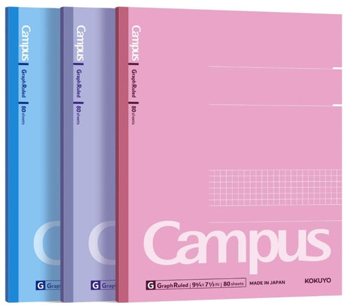 Three Campus graph-ruled notebooks in blue, purple, and pink, shown standing upright against a white background.