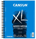 Front cover of a Canson XL Mixed Media drawing pad, showing a bright blue cover with a black brushstroke design, white spiral binding on the left, and product details including '60 count', dimensions, and weight.
