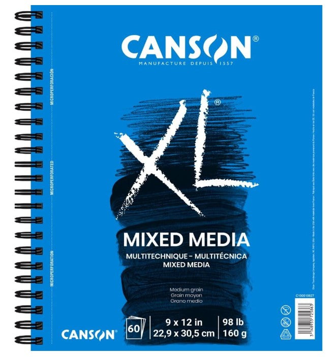Front cover of a Canson XL Mixed Media drawing pad, showing a bright blue cover with a black brushstroke design, white spiral binding on the left, and product details including '60 count', dimensions, and weight.