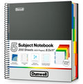 Dunwell 5 Subject Notebook with a dark gray cover, 200 sheets, and multicolor divided pages visible on the right side.