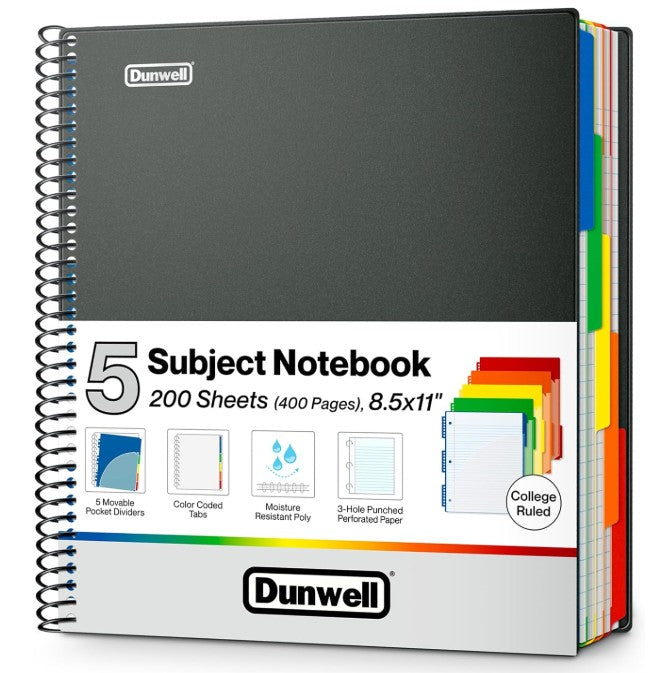 Dunwell 5 Subject Notebook with a dark gray cover, 200 sheets, and multicolor divided pages visible on the right side.