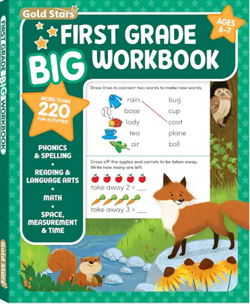 First Grade Big Workbook by Gold Stars on a black background
