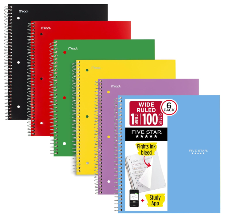 Six spiral-bound rulebooks in different colors (black, red, green, yellow, purple, and blue) arranged in a fan shape, with the front blue notebook showing a promotional cover that includes 'WIDE RULED 100 Page', 'FIVE STAR.', '6 PACK', and 'Study App' text.