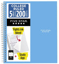 A Five Star College Ruled spiral notebook with 200 sheets, featuring a light blue cover, a white and black header panel, and promotional text highlighting ink bleed and a study app.