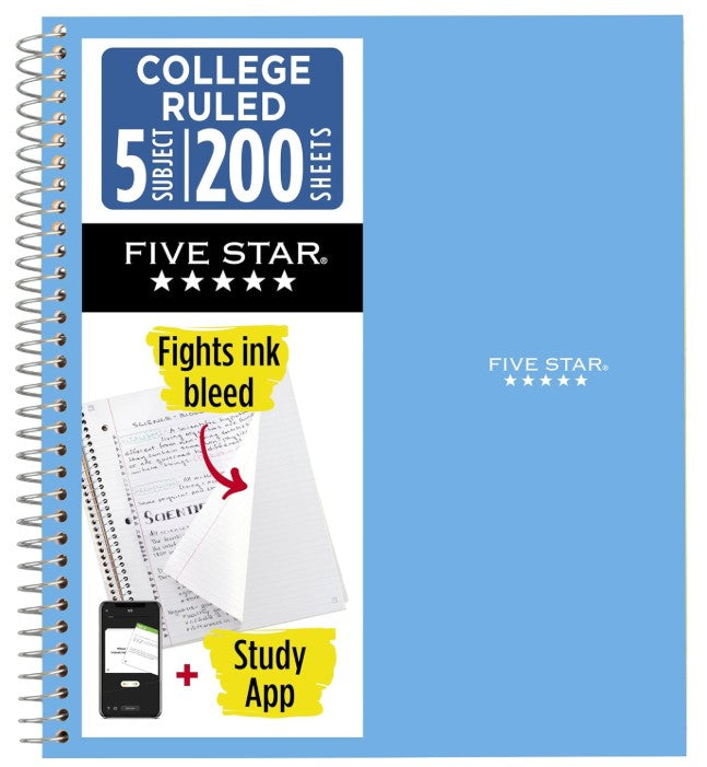 A Five Star College Ruled spiral notebook with 200 sheets, featuring a light blue cover, a white and black header panel, and promotional text highlighting ink bleed and a study app.