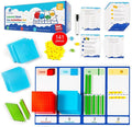 Educational math activity set with base ten blocks, cards, and markers on a white background