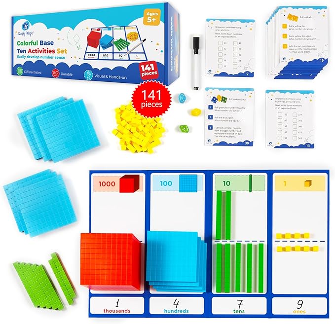 Educational math activity set with base ten blocks, cards, and markers on a white background
