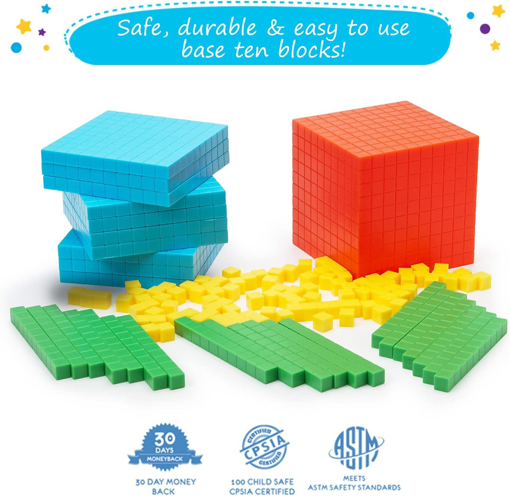 Colorful base ten blocks including blue, red, green, and yellow on a white background with safety certification logos.