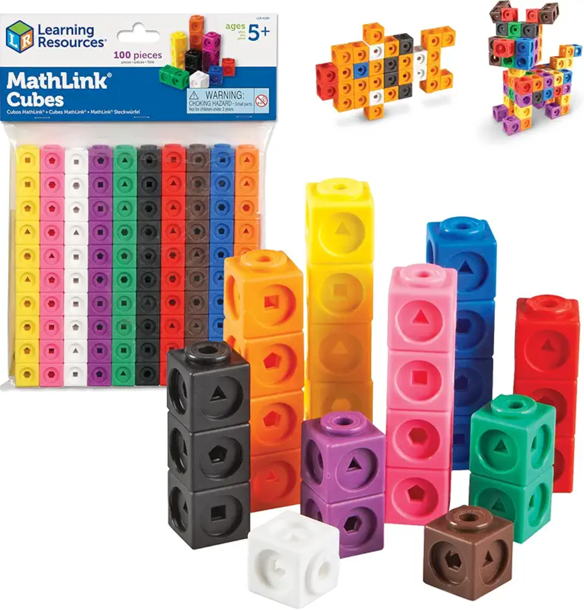 Colorful MathLink Cubes educational toy set with packaging on a white background