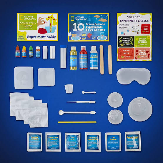 National Geographic science experiment kit with various components on a blue background