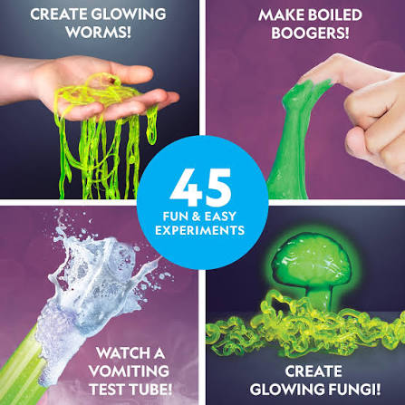 Promotional graphic for a science kit with various experiments and glowing effects.