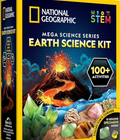 National Geographic Earth Science Kit packaging with volcano graphic and 100+ activities text.