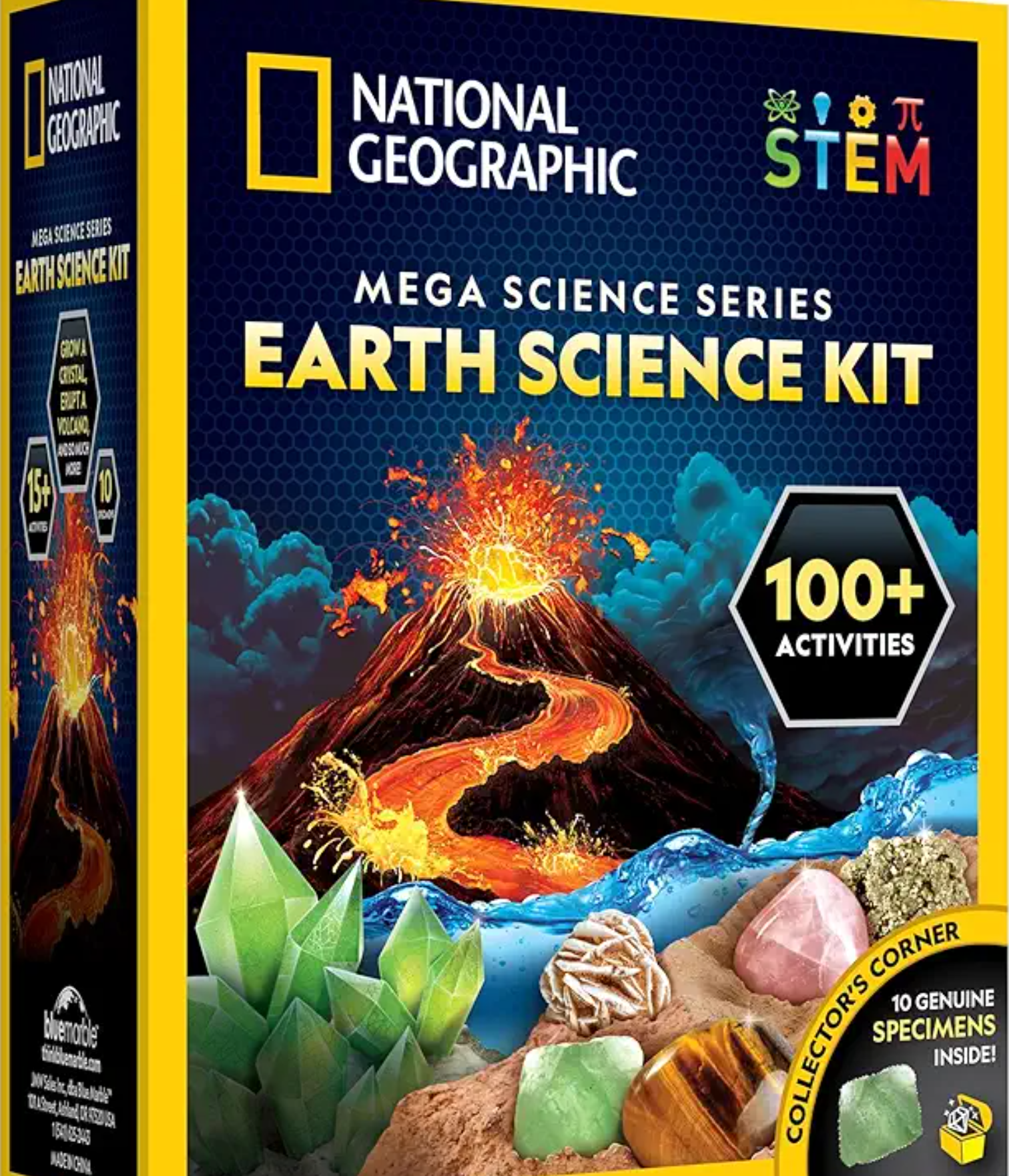 National Geographic Earth Science Kit packaging with volcano graphic and 100+ activities text.