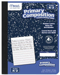 Mead Primary Composition Creative Writing Tablet for grades K-2, featuring a dark blue and white speckled notebook cover with a lined writing sample and product details printed on the front.