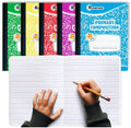 Five Rosmonde composition notebooks in different colors are lined up behind an open notebook being held by a child's hands with a pencil.