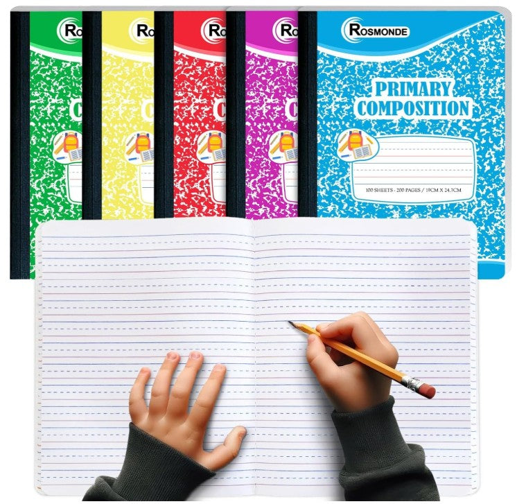 Five Rosmonde composition notebooks in different colors are lined up behind an open notebook being held by a child's hands with a pencil.