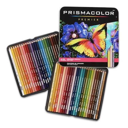Set of Prismacolor Premier colored pencils with a colorful butterfly illustration on the packaging.