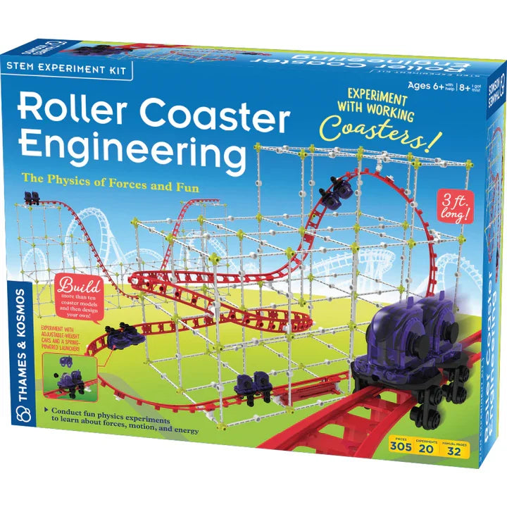 Box of Roller Coaster Engineering STEM experiment kit with toy roller coaster and cars on a blue background