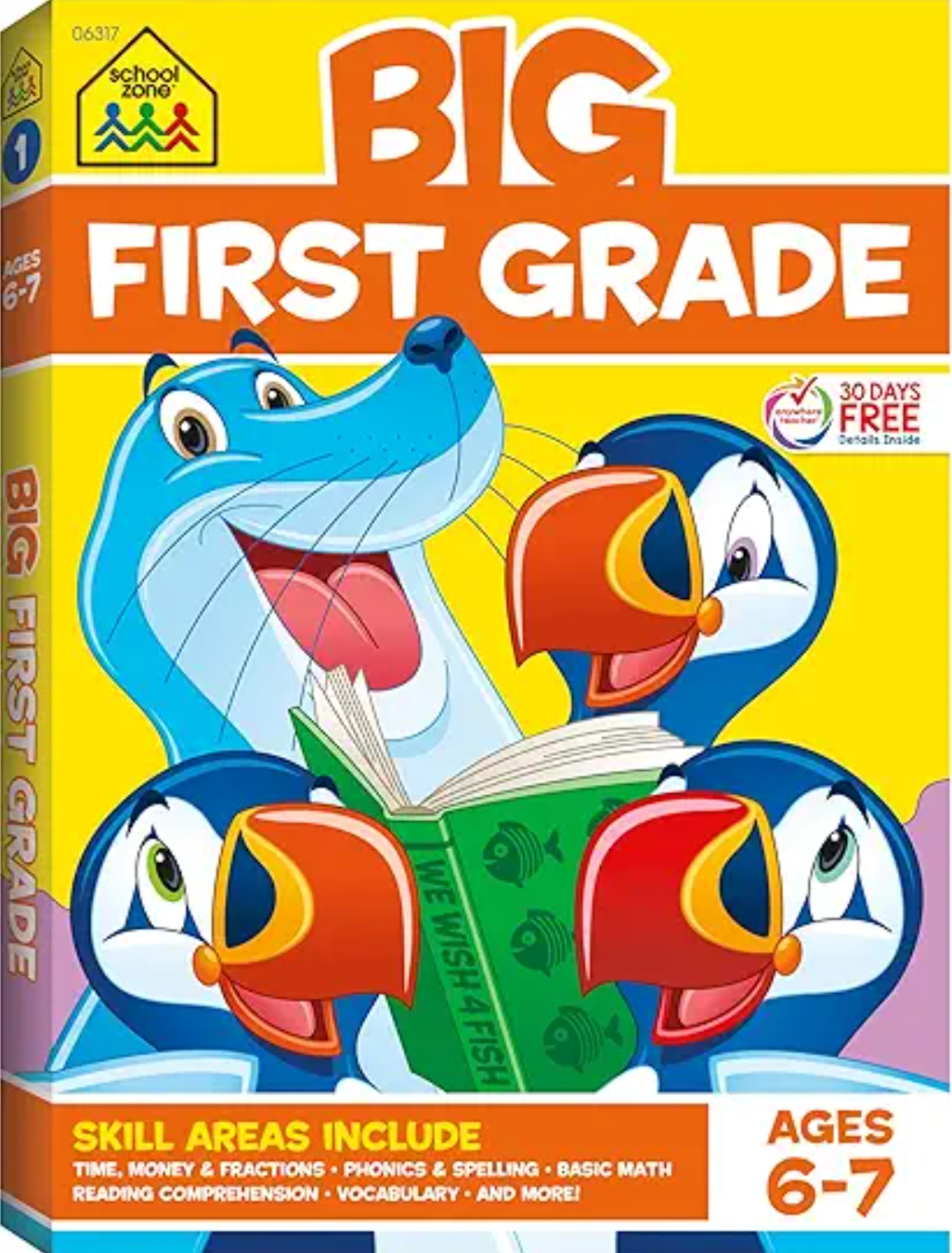 Educational book for first grade with colorful design on a black background