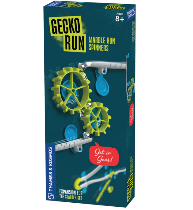 Box of Gecko Run Marble Run Spinners toy expansion set on a white background