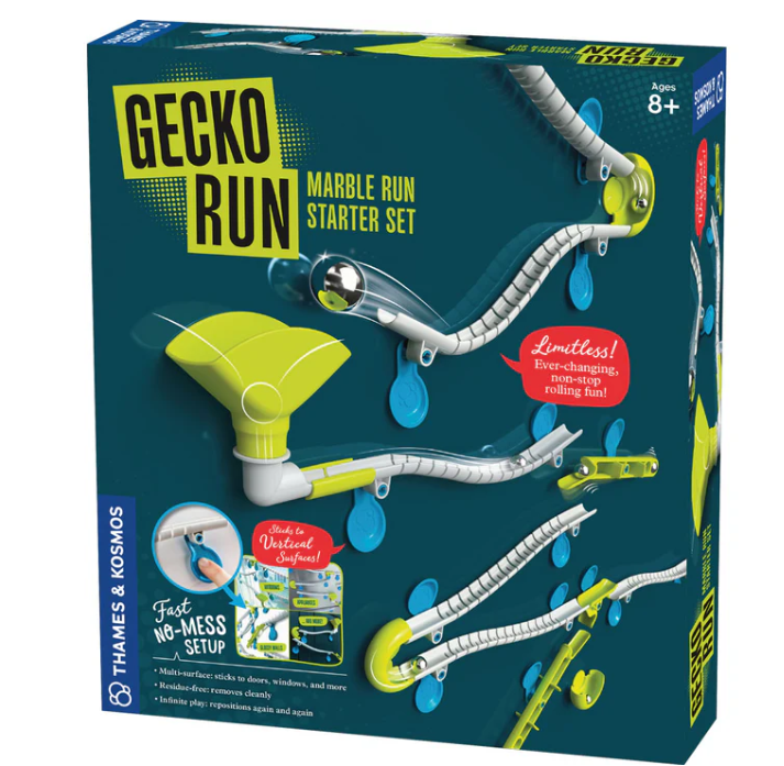 Gecko Run marble run starter set packaging with colorful design on a blue background