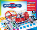 Snap Circuits kit with colorful components and branding on a vibrant background