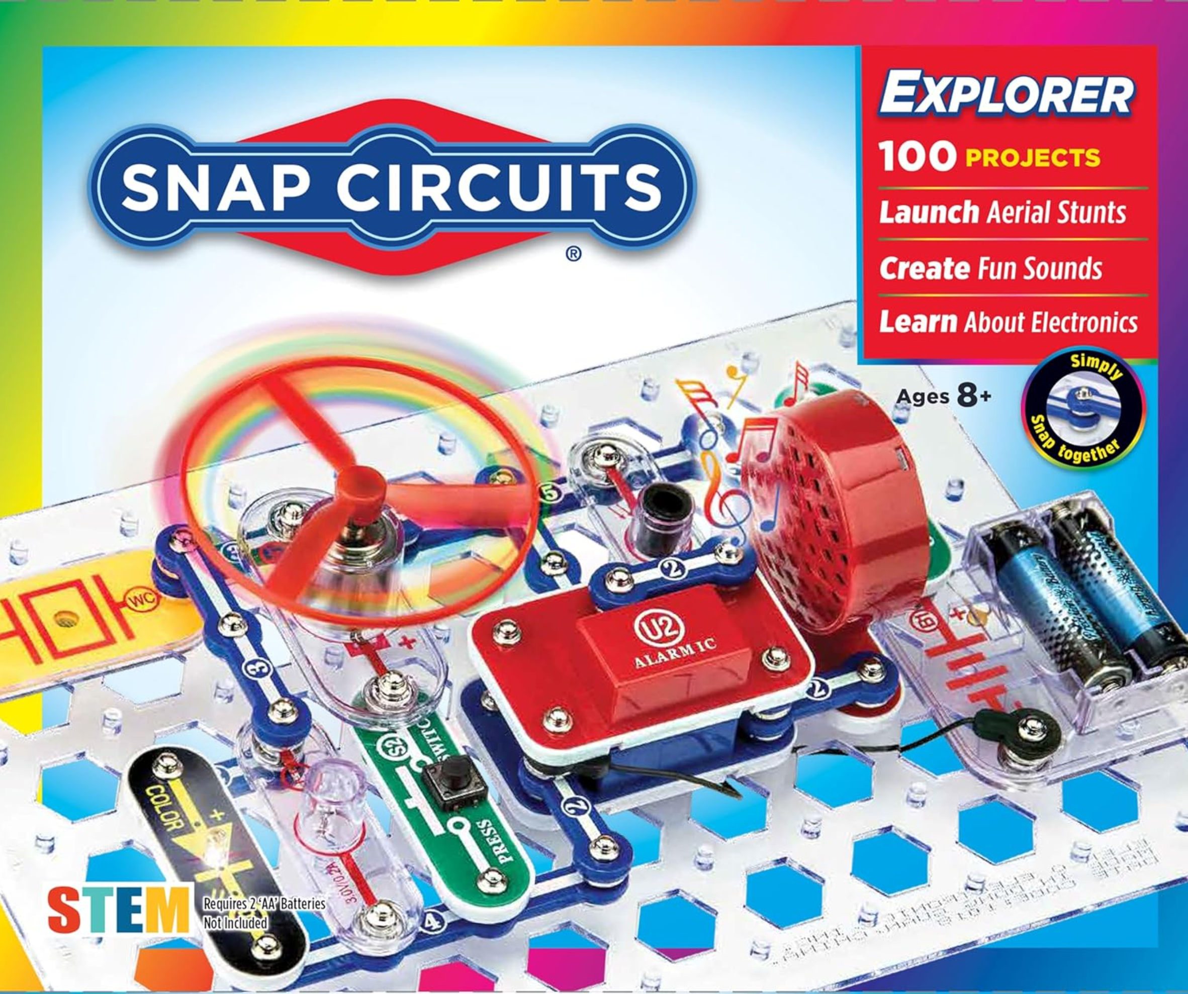 Snap Circuits kit with colorful components and branding on a vibrant background