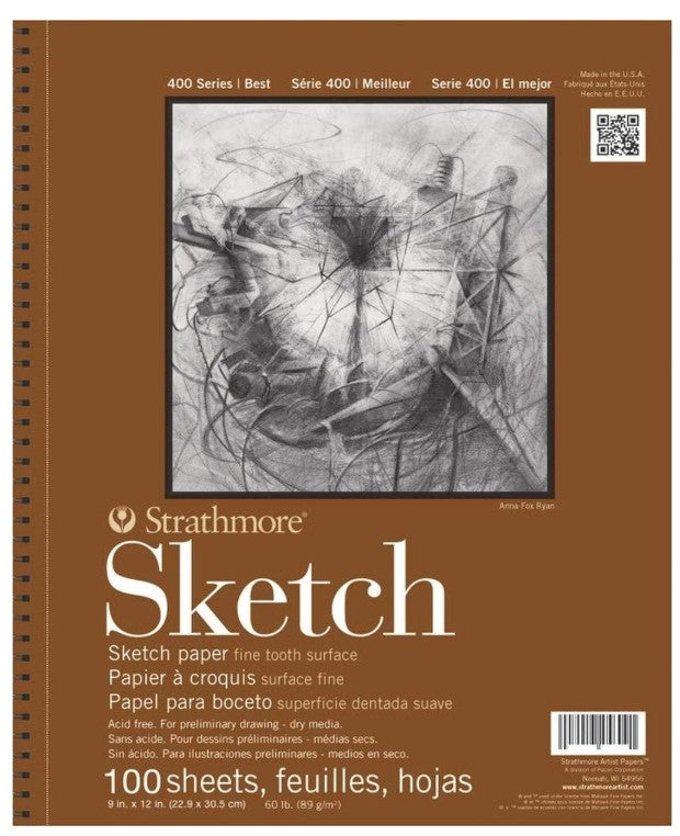Strathmore 400 Series Sketch paper cover, 90 lb, 100 sheets, in brown with a central sketch sample and product details.