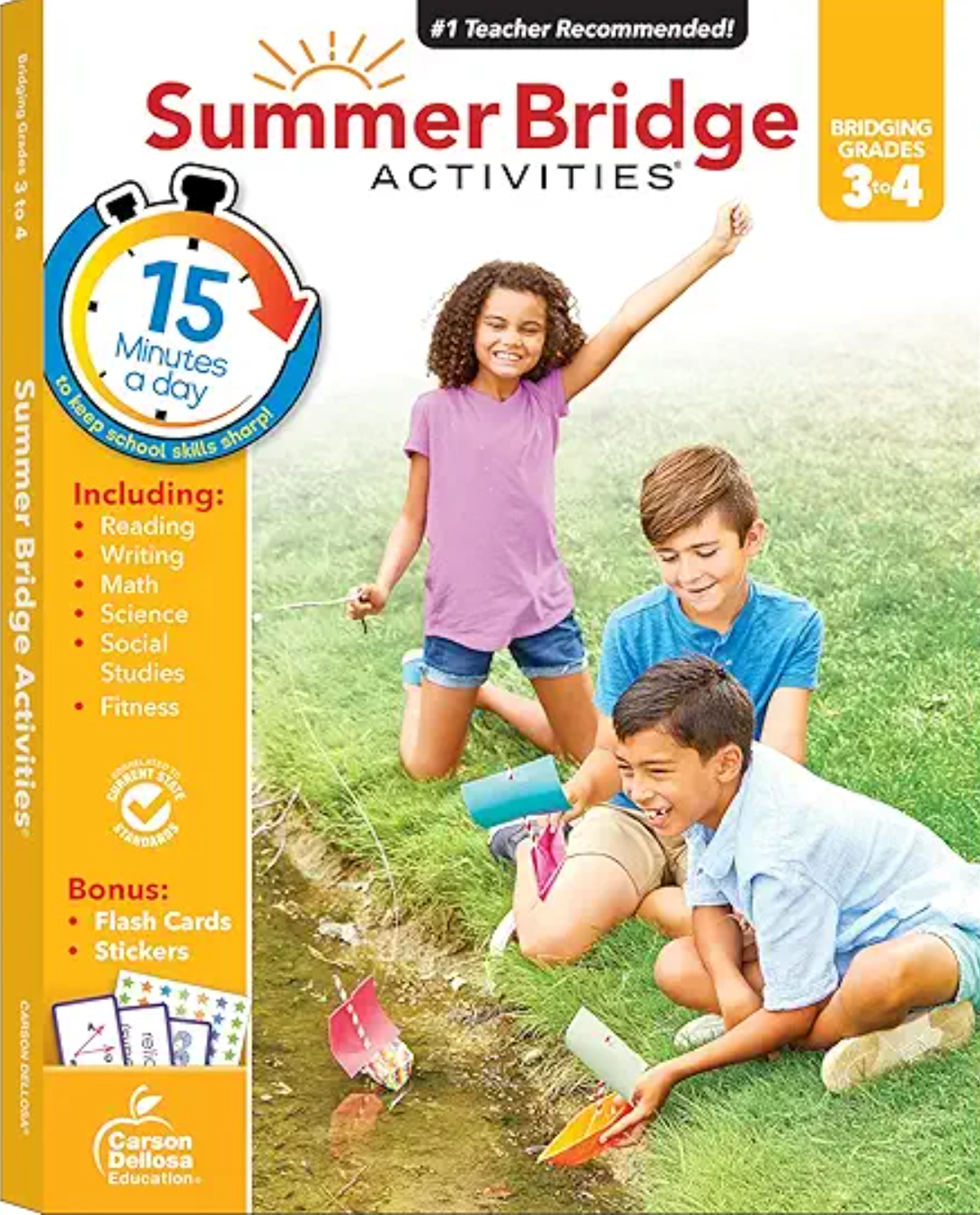 Book cover of 'Summer Bridge Activities' with children playing in the grass.