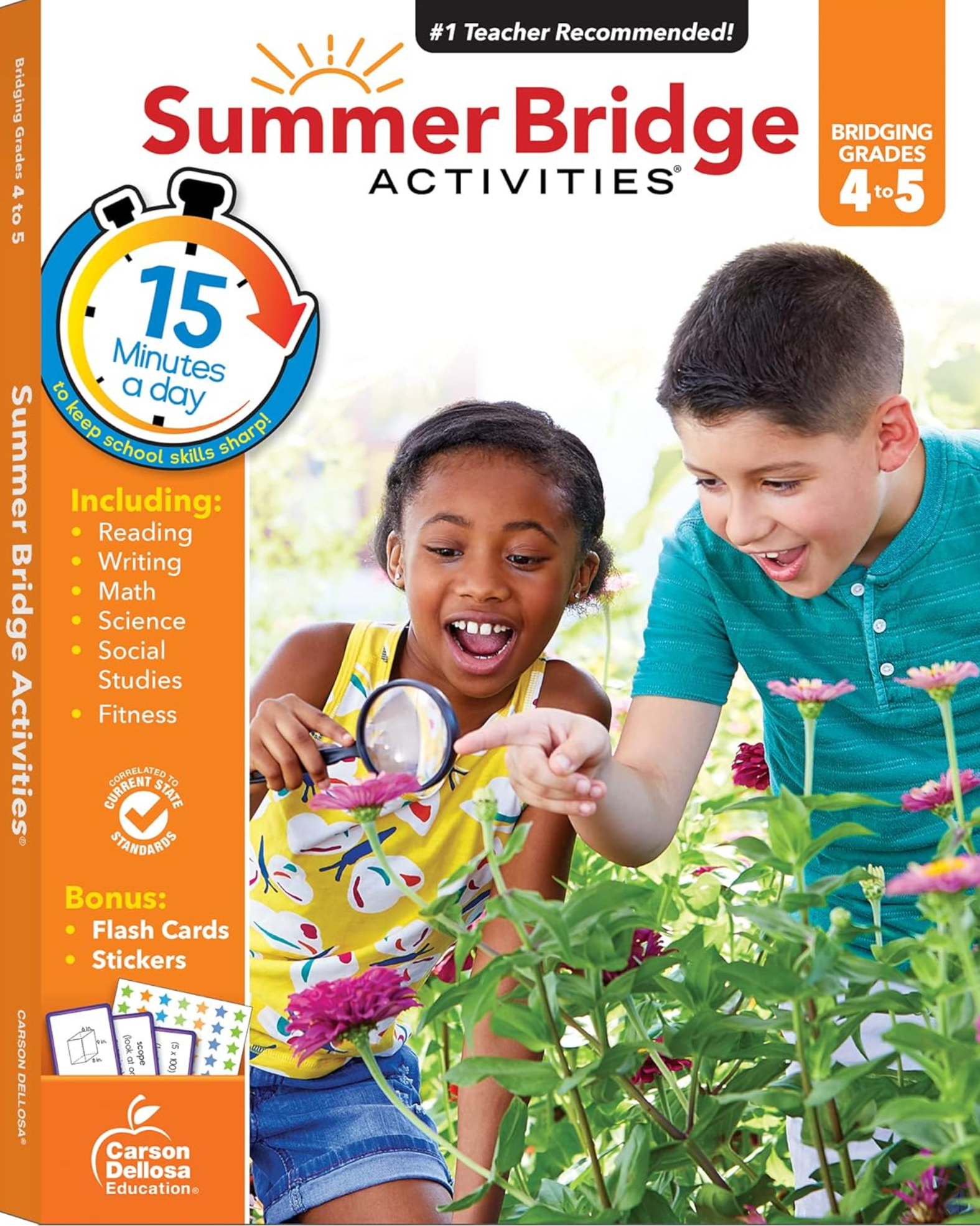 Book cover of 'Summer Bridge Activities' with two children exploring flowers.