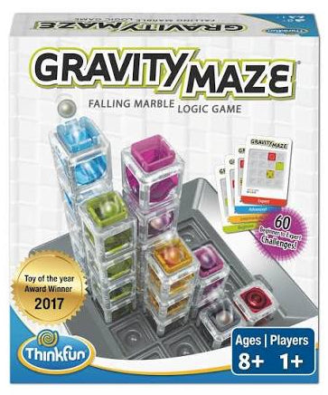 Gravity Maze packaging with marble running through clear blocks on a white background