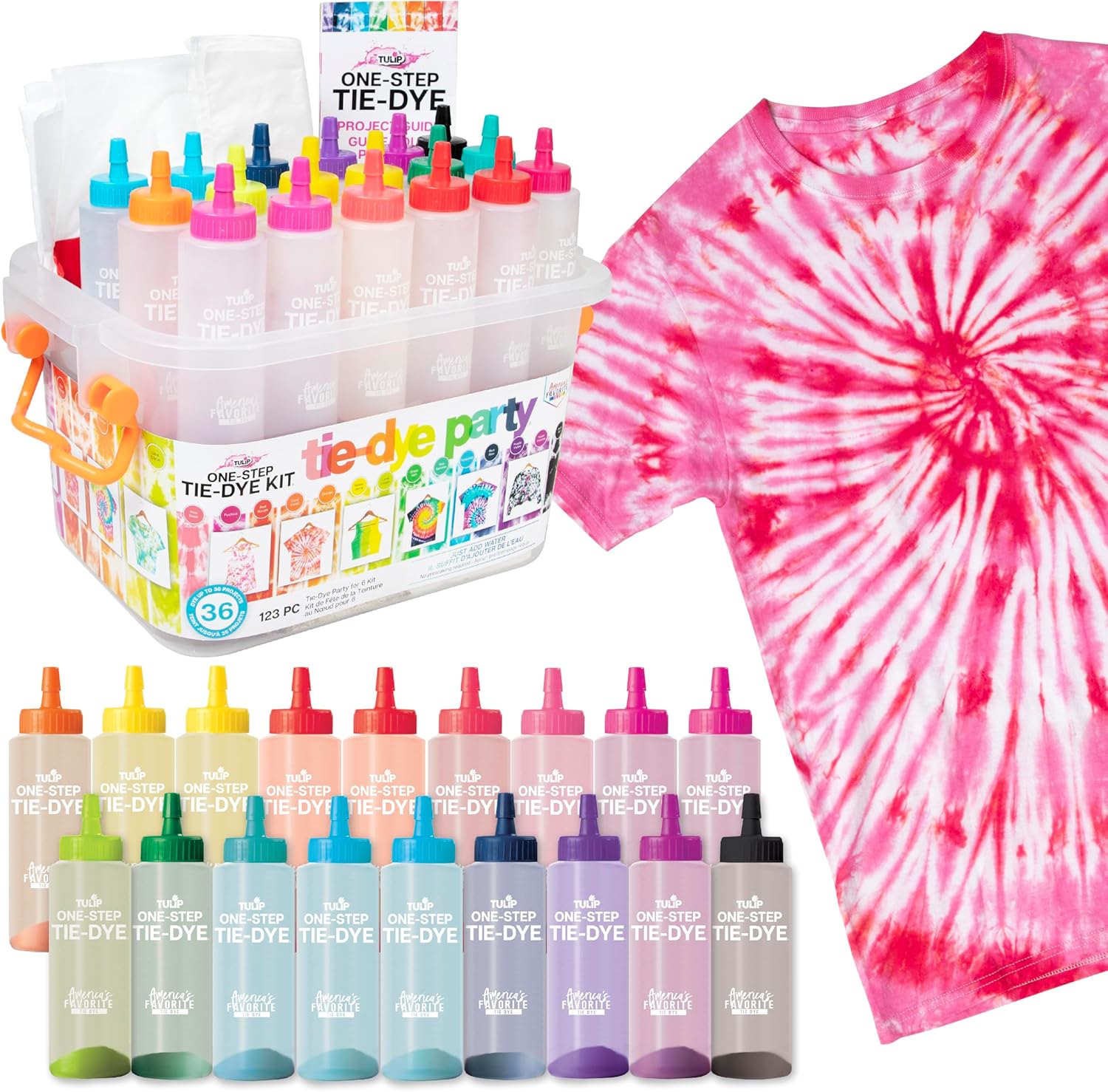 Tie-dye party kit with bottles and a pink and white tie-dye shirt.