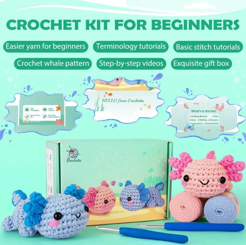 Crochet kit for beginners set featuring a green and blue pattern box, a blue crocheted whale, a pink and blue crocheted octopus, pink yarn balls, a blue crochet hook, and several promotional text callouts on a light aqua background.