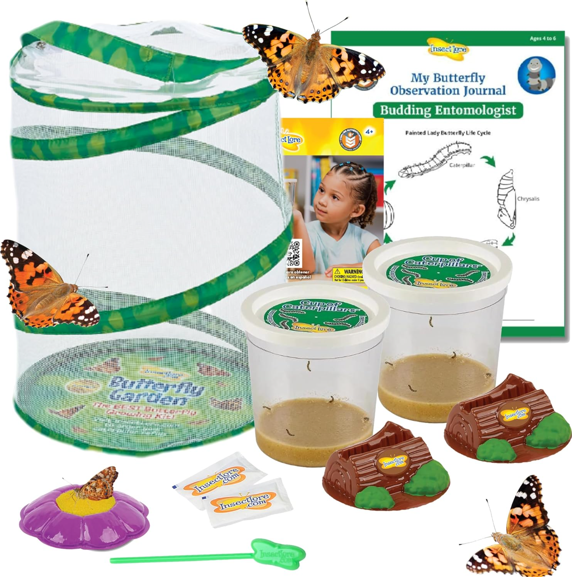 Butterfly gardening kit with butterfly life cycle stages, journal, and educational materials.